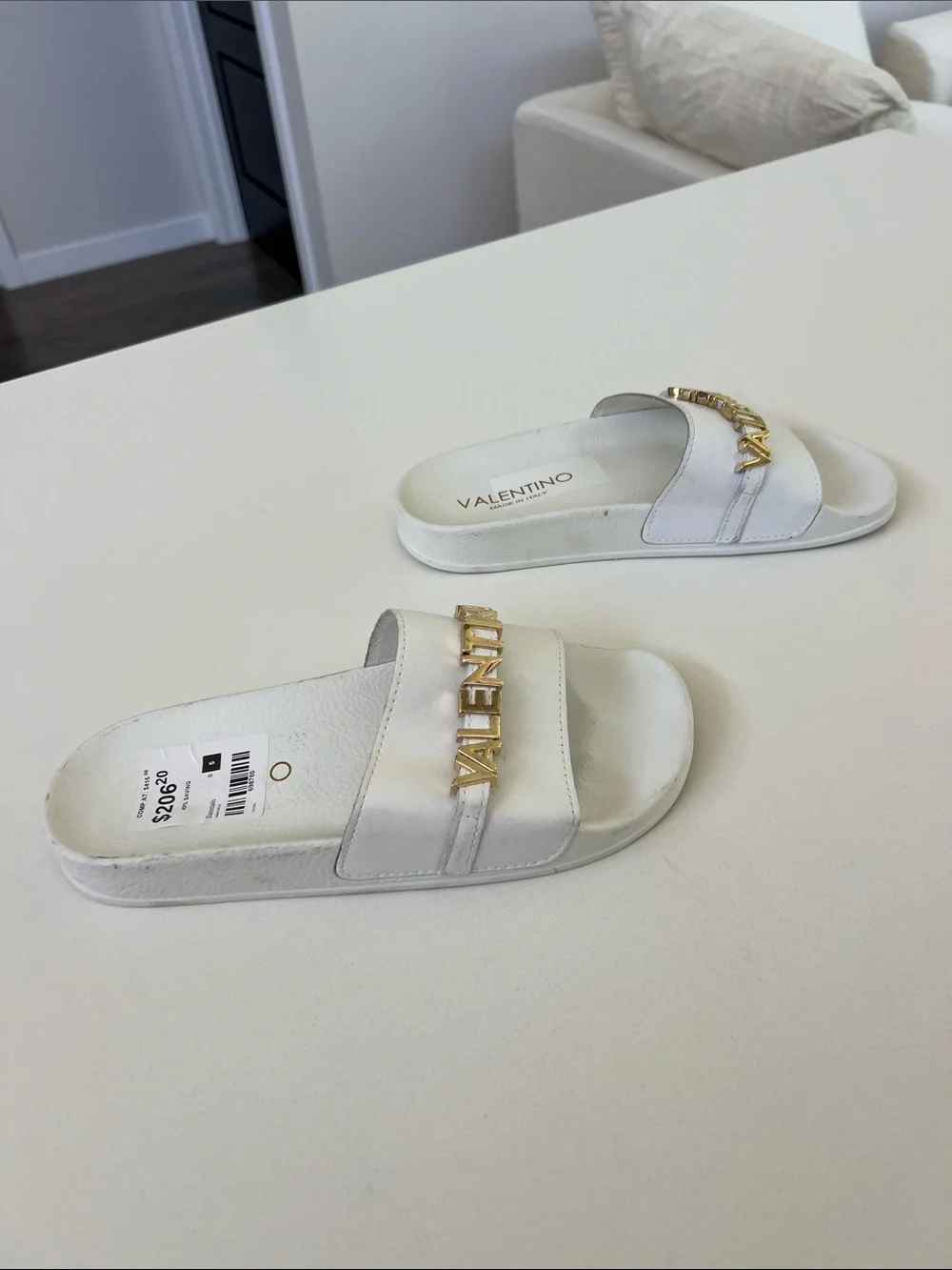 Valentino white leather open toe pool slides sandals with gold tone lettering 5